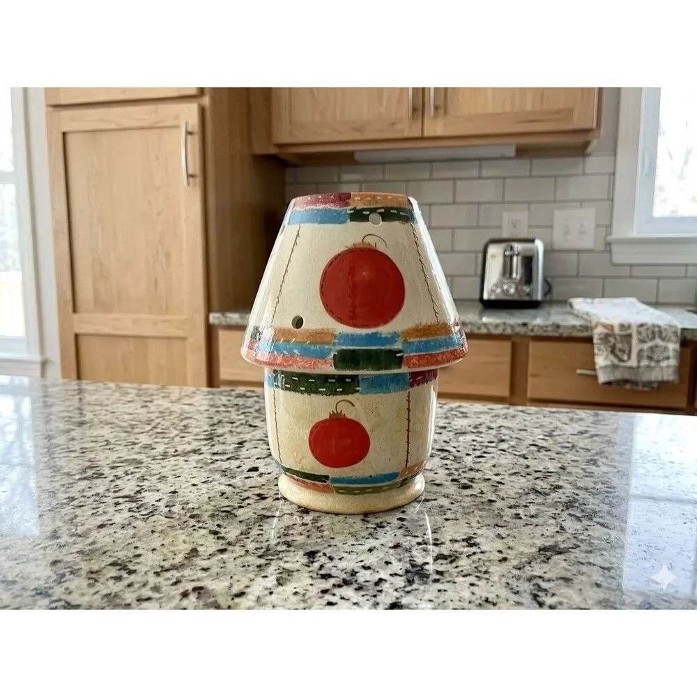 Vintage 2-Piece Ceramic Christmas Patchwork Quilt Snowman & Holly Jar Candle Lam